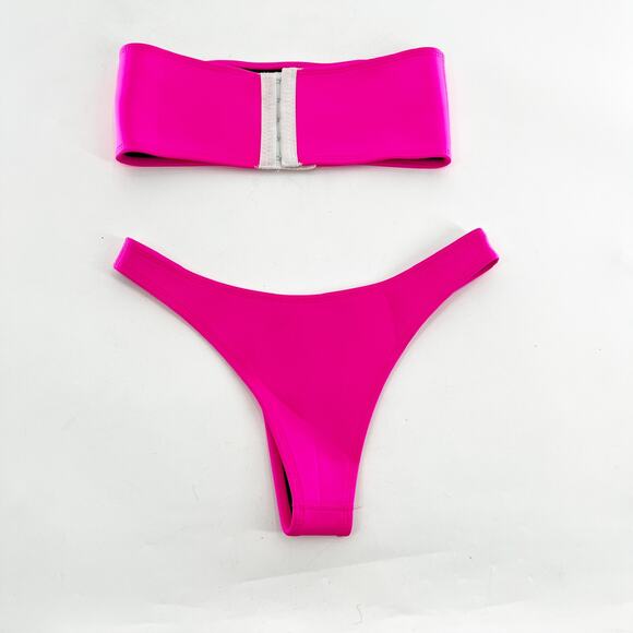 Hoaka Swimwear Neon Pink Strapless Bandeau Bikini 2 Piece Set XS - Picture 3 of 5